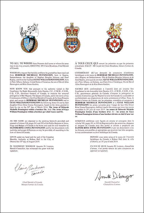 Letters patent granting heraldic emblems to Guye William Pennington