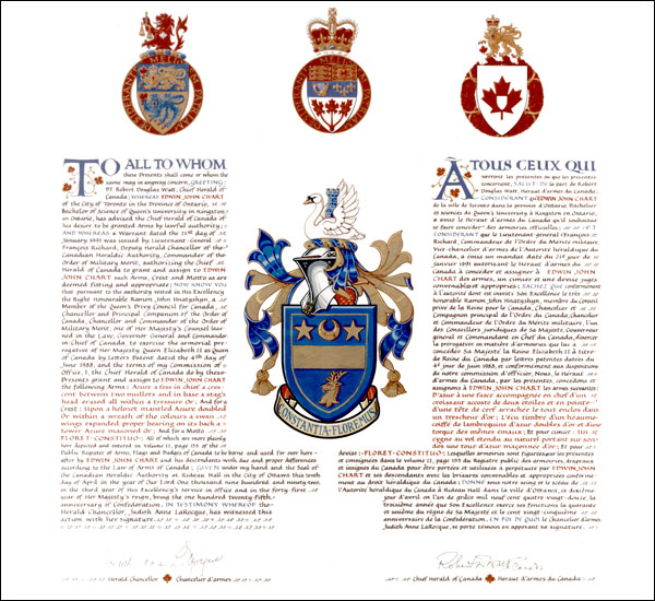Letters patent granting heraldic emblems to Edwin John Chart