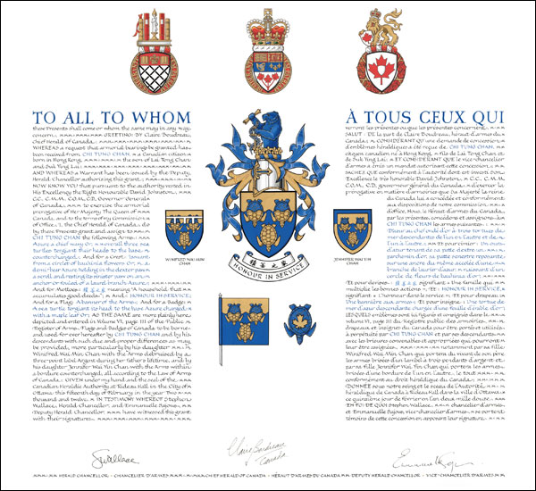 Letters patent granting heraldic emblems to Chi Tung Chan