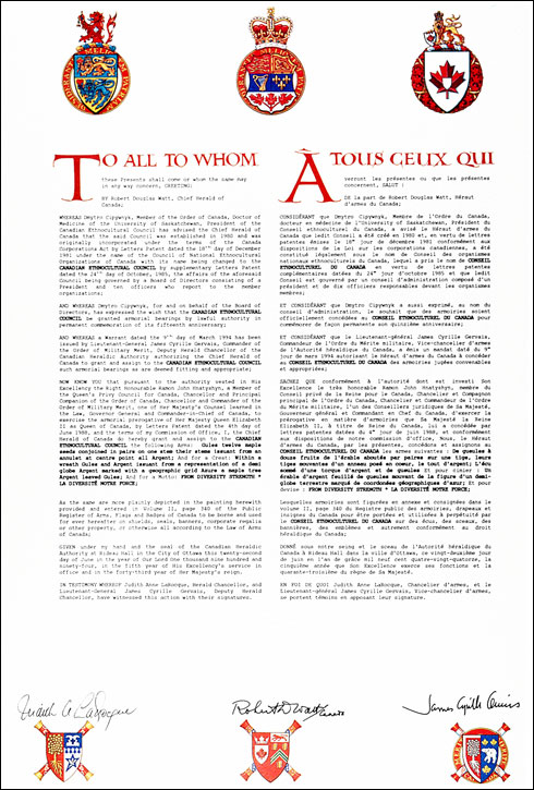 Letters patent granting heraldic emblems to the Canadian Ethnocultural Council