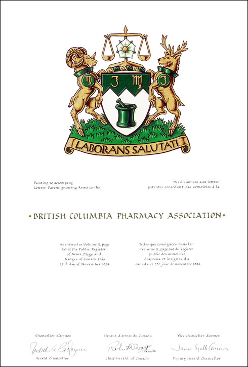 Letters patent granting heraldic emblems to the British Columbia Pharmacy Association