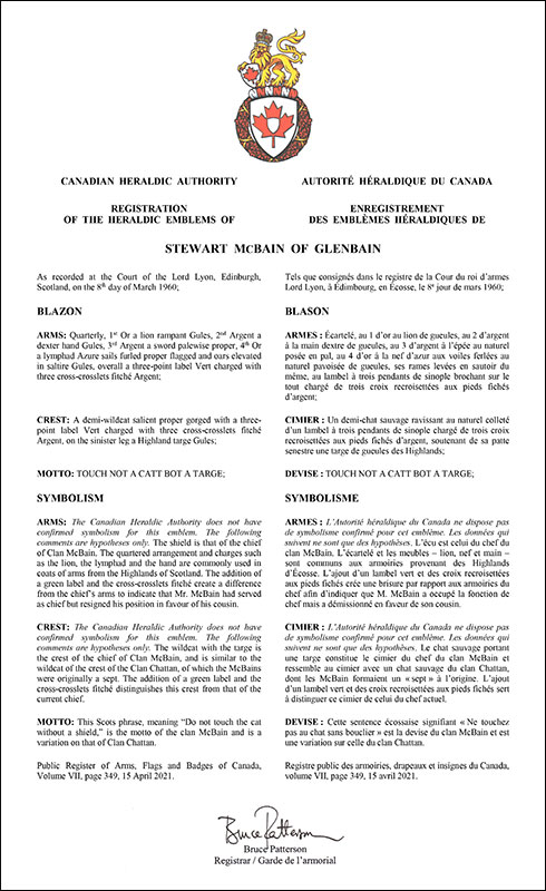 Letters patent registering the heraldic emblems of Stewart McBain of Glenbain