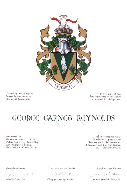 Letters patent granting heraldic emblems to George Garnet Reynolds