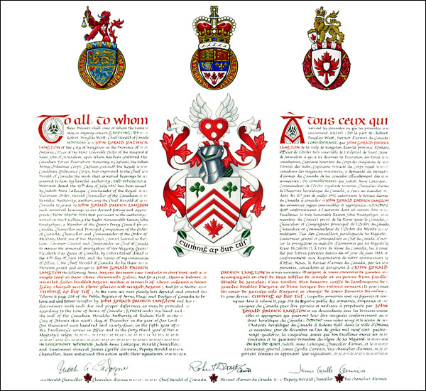Letters patent granting heraldic emblems to John Gerald Patrick Langton