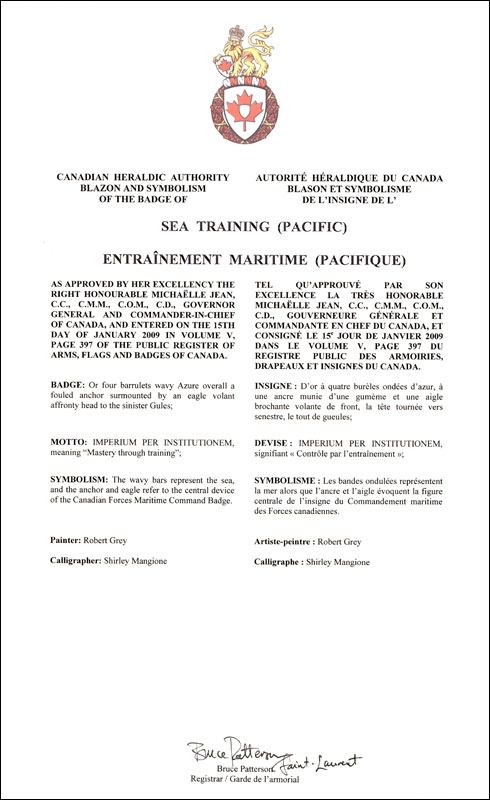 Letters patent approving the Badge of Sea Training (Pacific)