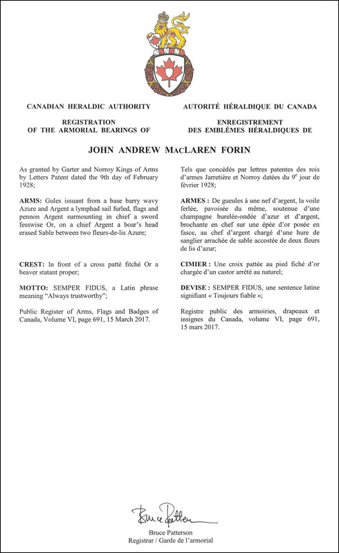 Letters patent registering the heraldic emblems of John Andrew MacLaren Forin