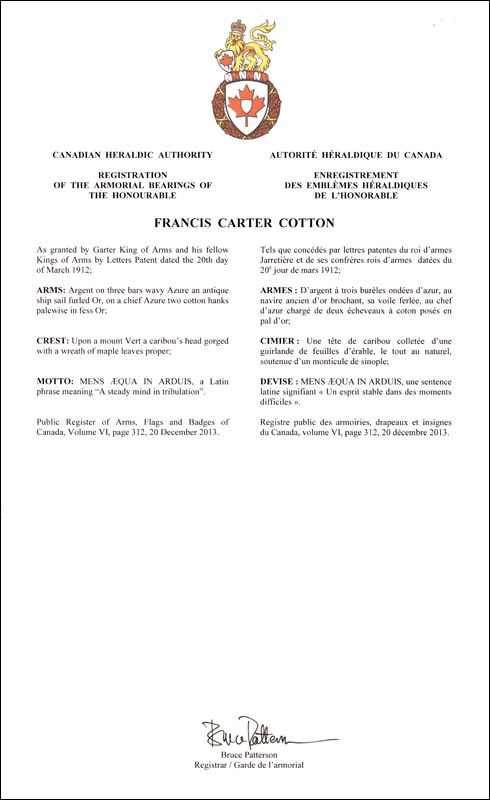 Letters patent registering the heraldic emblems of Francis Carter Cotton
