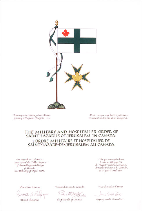 Letters patent granting heraldic emblems to The Military and Hospitaller Order of Saint Lazarus of Jerusalem in Canada