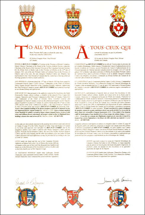 Letters patent granting heraldic emblems to Roy Ivan Comrie