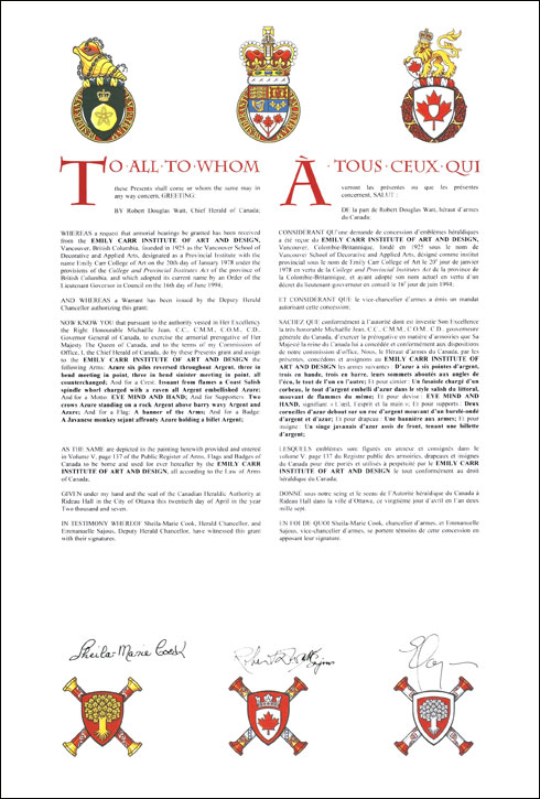Letters patent granting heraldic emblems to the Emily Carr Institute of Art and Design