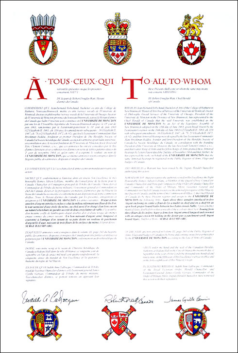 Letters patent registering the heraldic emblems of the Université de Moncton