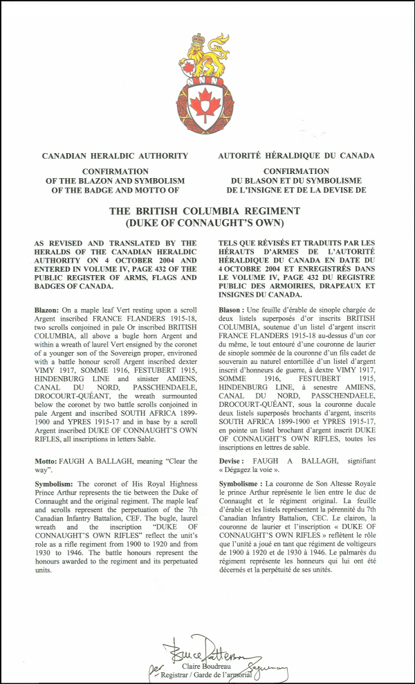 Letters patent confirming the blazon of the Badge of The British Columbia Regiment (Duke of Connaught's own)