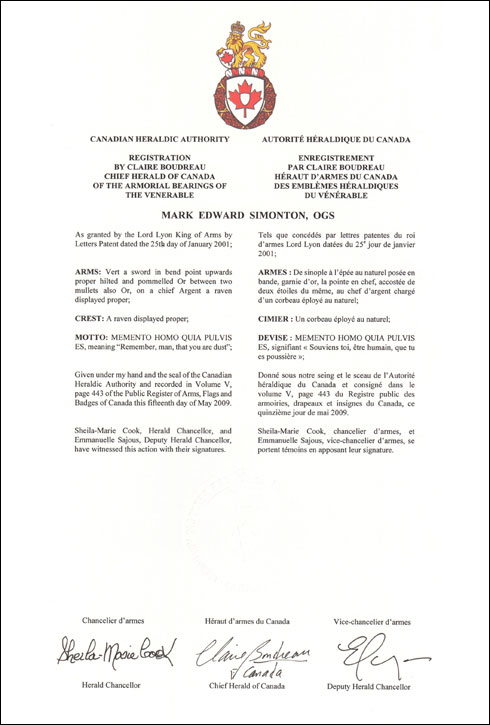 Lettres patentes enregistrant les emblèmes héraldiques de Mark Edward Simonton