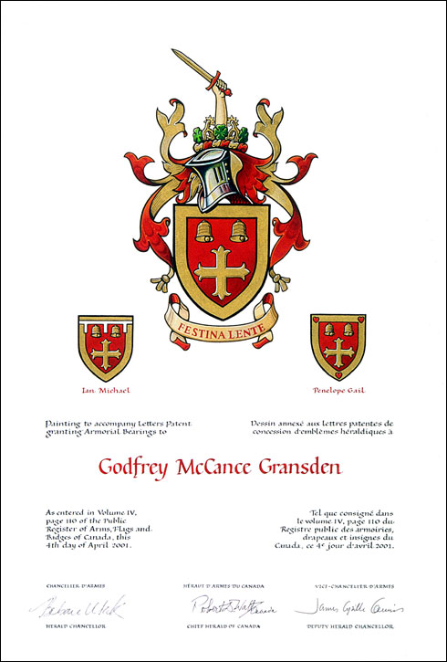 Letters patent granting heraldic emblems to Godfrey McCance Gransden