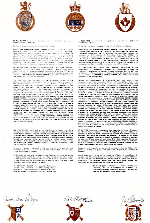 Letters patent granting heraldic emblems to George Johnson