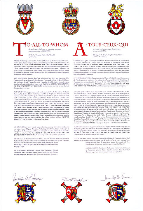 Letters patent granting heraldic emblems to the Medical Alumni Association of the University of Toronto