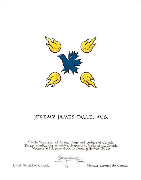 Lettres patentes concédant des emblèmes héraldiques à Jeremy James Falle