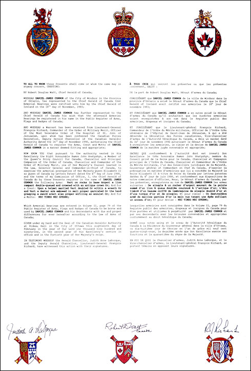 Letters patent registering the heraldic emblems of Daniel James Connor