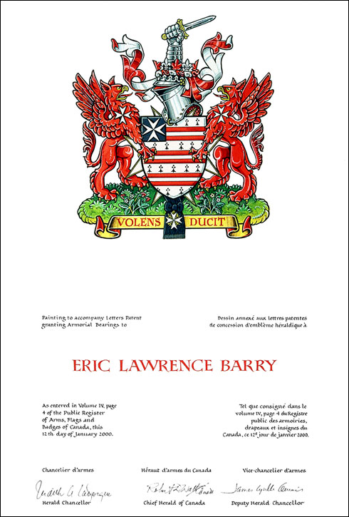 Letters patent granting heraldic emblems to Eric Lawrence Barry