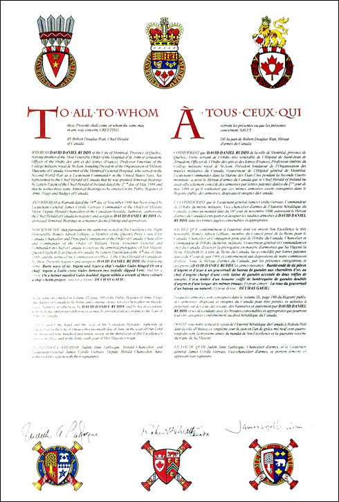 Letters patent registering the heraldic emblems of David Daniel Ruddy
