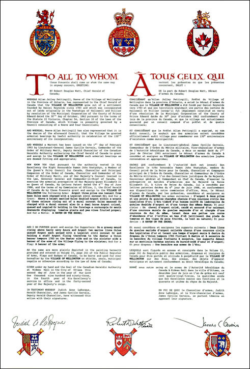 Letters patent granting heraldic emblems to the Village of Wellington