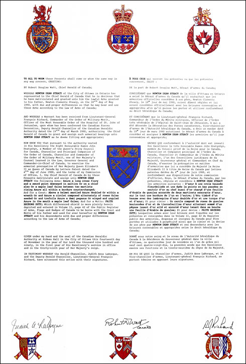 Letters patent granting heraldic emblems to Newton Dean Steacy