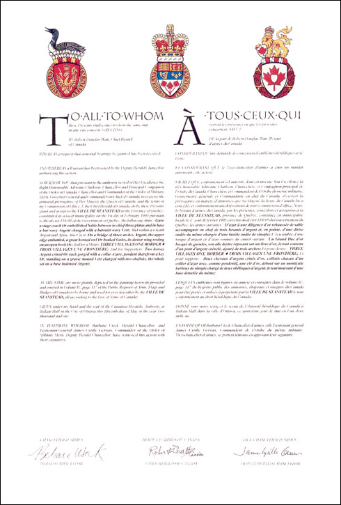 Letters patent granting heraldic emblems to the Ville de Stanstead