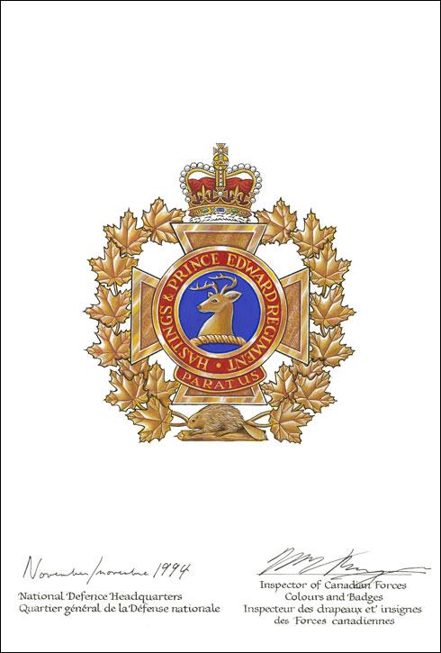 Letters patent confirming the blazon of the Badge of The Hastings and Prince Edward Regiment
