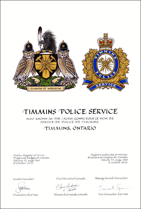 Letters patent granting heraldic emblems to the Timmins Police Service (also known as the Service de police de Timmins)