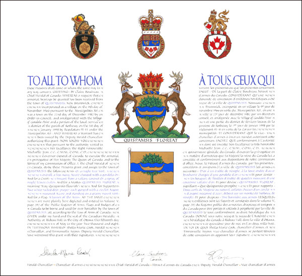 Letters patent granting heraldic emblems to the town of Quispamsis