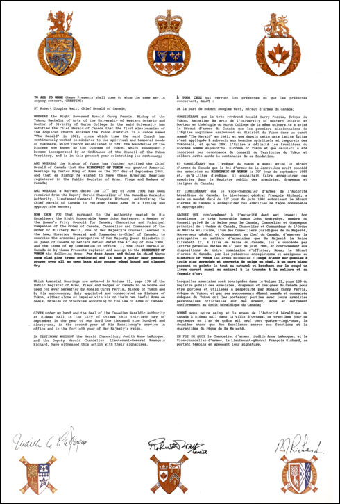 Letters patent registering the heraldic emblems of the Bishopric of Yukon