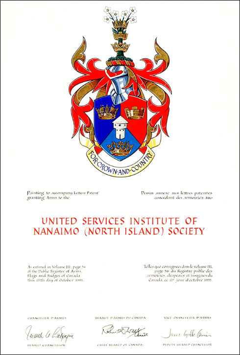 Lettres patentes concédant des emblèmes héraldiques au United Services Institute of Nanaimo (North Island) Society