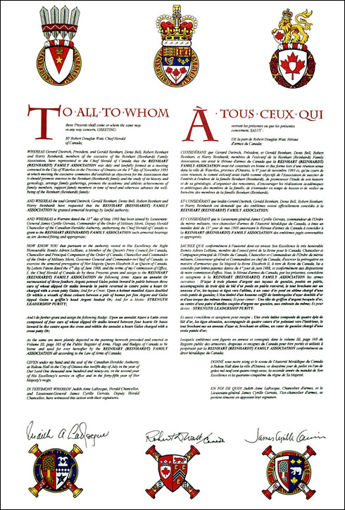Letters patent granting heraldic emblems to the Reinhart (Reinhardt) Family Association