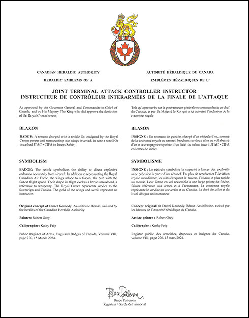 Letters patent approving the Badge of a Joint Terminal Attack Controller Instructor
