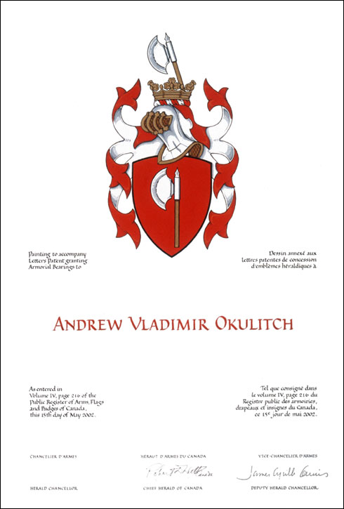 Letters patent granting heraldic emblems to Andrew Vladimir Okulitch