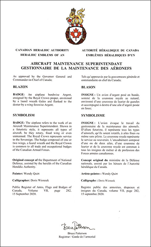 Letters patent approving the heraldic emblems of an Aircraft Maintenance Superintendent
