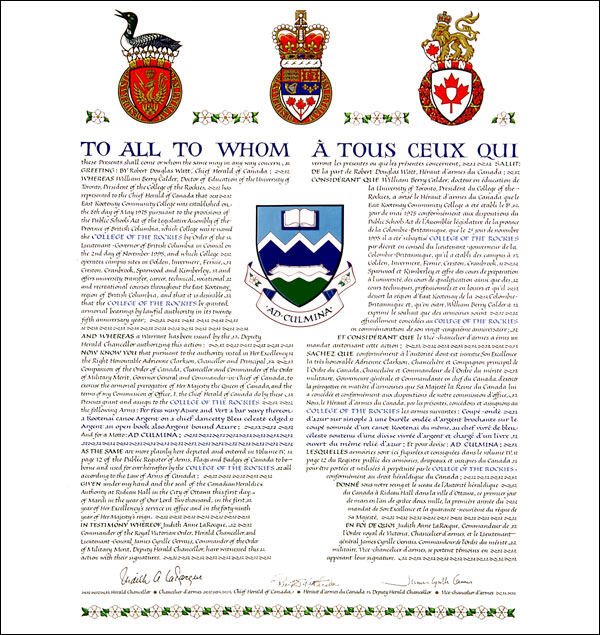 Lettres patentes concédant des emblèmes héraldiques au College of the Rockies