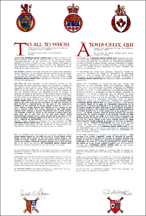 Letters patent granting heraldic emblems to Marion Loretta Reid