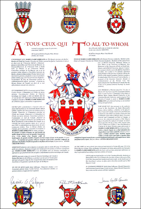 Letters patent granting heraldic emblems to Marie-Claire Kirkland
