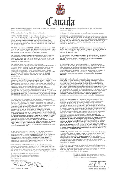 Letters patent granting heraldic emblems to Frances Woolsey