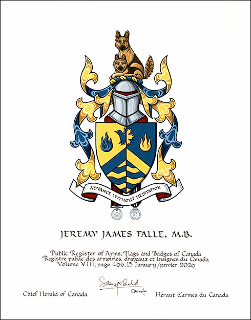 Lettres patentes concédant des emblèmes héraldiques à Jeremy James Falle