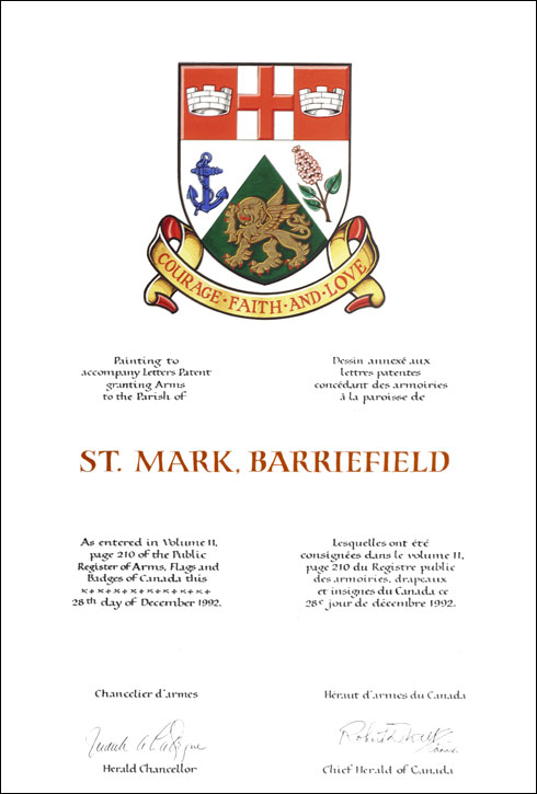 Letters patent granting heraldic emblems to the Parish of St. Mark