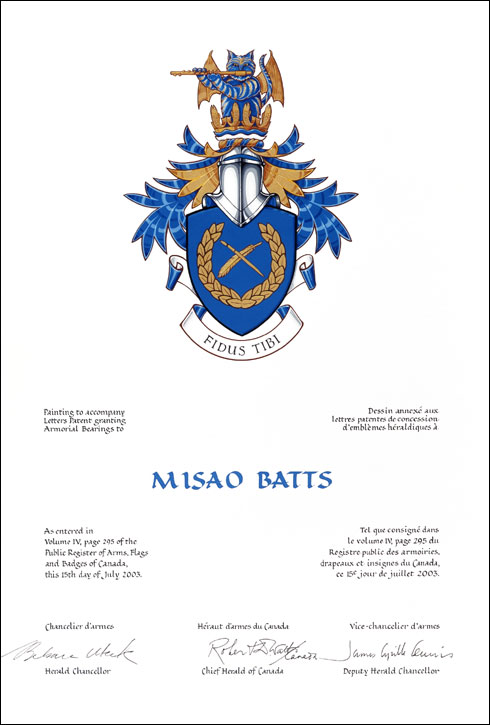 Letters patent granting heraldic emblems to Misao Batts