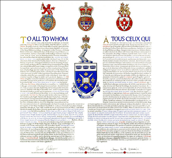 Letters patent granting heraldic emblems to the Collège militaire royal de Saint-Jean