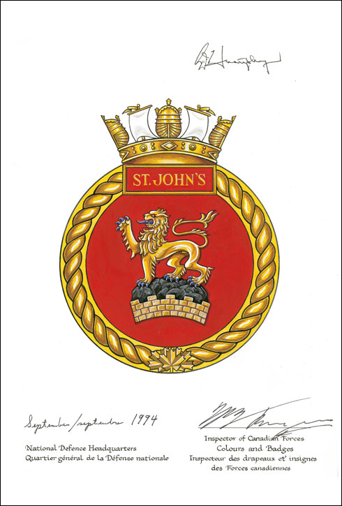 Letters patent approving the Badge of HMCS St. John's