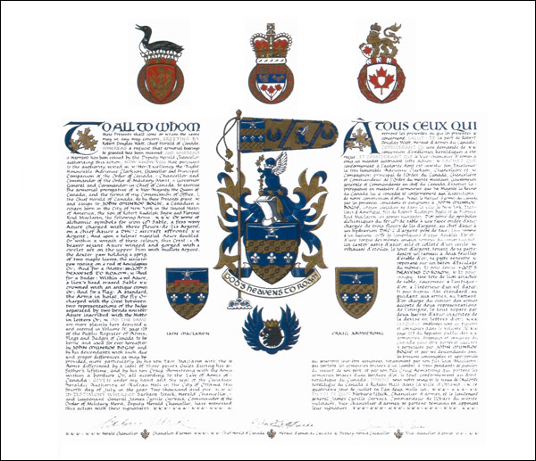 Letters patent granting heraldic emblems to John Munroe Bogie