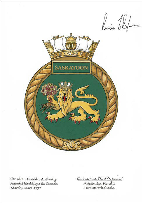 Letters patent approving the Badge of HMCS Saskatoon