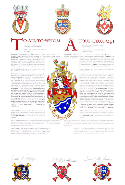 Letters patent granting heraldic emblems to the Windsor Club