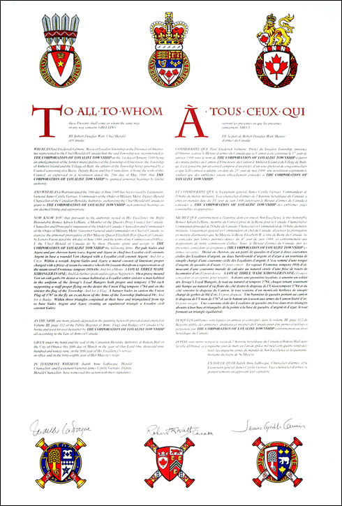 Letters patent granting heraldic emblems to The Corporation of the Municipality of Loyalist Township