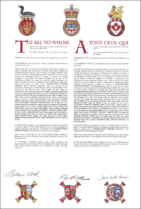 Letters patent granting heraldic emblems to the Conservation Officer Service